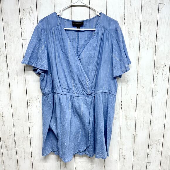 Lane Bryant Blouse Womens Plus Sz 16 Blue/Silver Stripe V-neck Top Short Sleeve - Picture 1 of 5